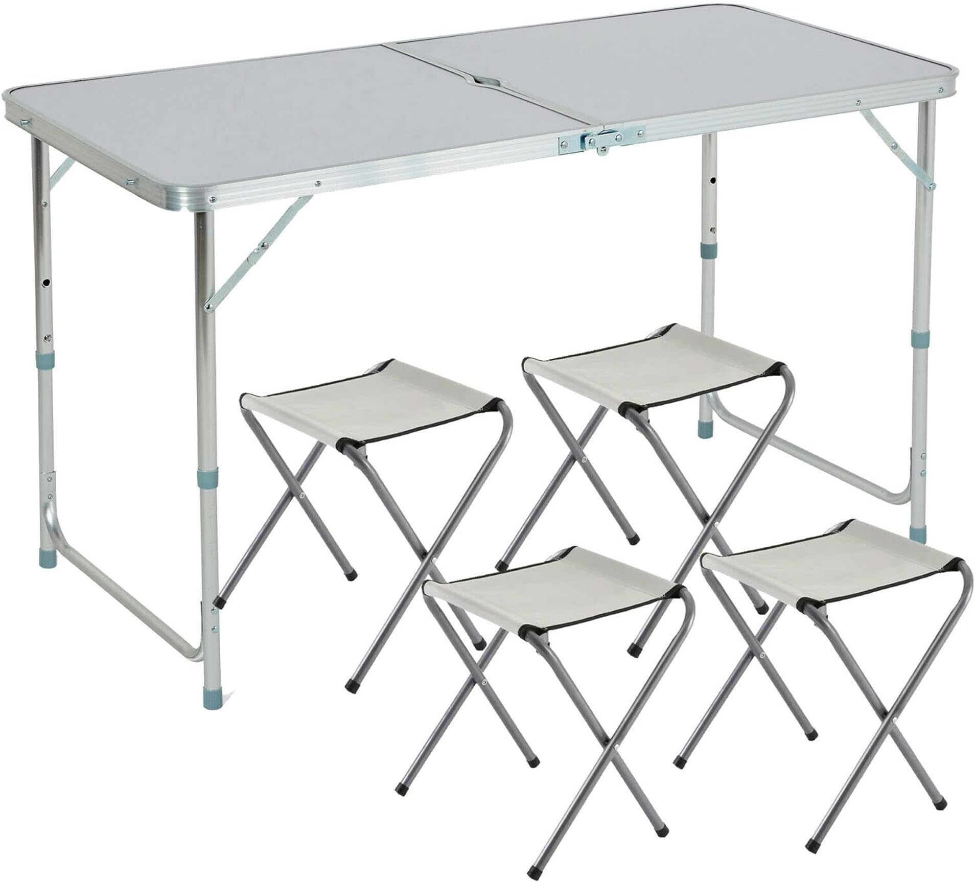 ZENO 4FT Folding Table with 4 Chairs | Camping Table | Adjustable Garden Table | Folding Table & Chairs | Aluminium Table | Great for BBQ Camping Outdoors | Includes 4 Stool Chairs