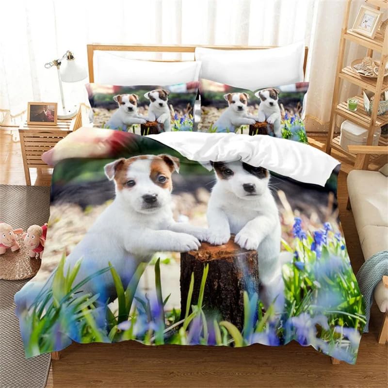 Parure de lit 240 x 260 housse de couette blanche motif chien en microfibre avec 2 taies 65x65