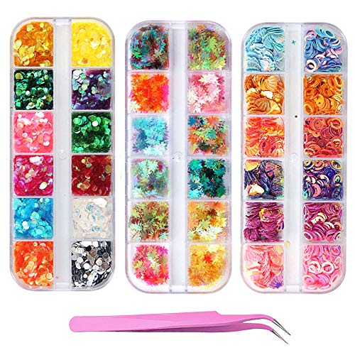 36 Boxes Holographic Nail Sequins, Kalolary Shell Round Leaf Iridescent Mermaid Flake Nail Glitter, Colorful Confetti Sticker for Halloween/Thanksgivbing/Christmas Nail Art DIY Make Up