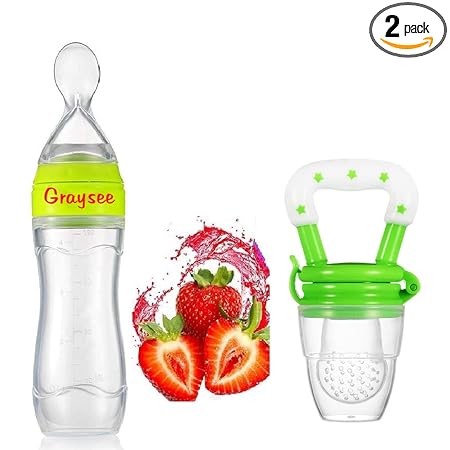 GRAYSEE Combo of Baby Safe Silicone Squeeze Fresh Food Feeder Bottle with Food Dispensing Spoon, Infant Food Nibbler Teething Toy Feeding Pacifier, Combo Pack of 2 (Green)
