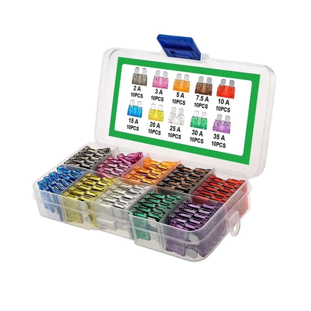 Juego de fusibles tipo cuchilla de 100 Uds., 2A, 3A, 5A, 7,5A, 10A, 10 tipos, surtido de coche con caja, Kit surtido de tipo cuchilla