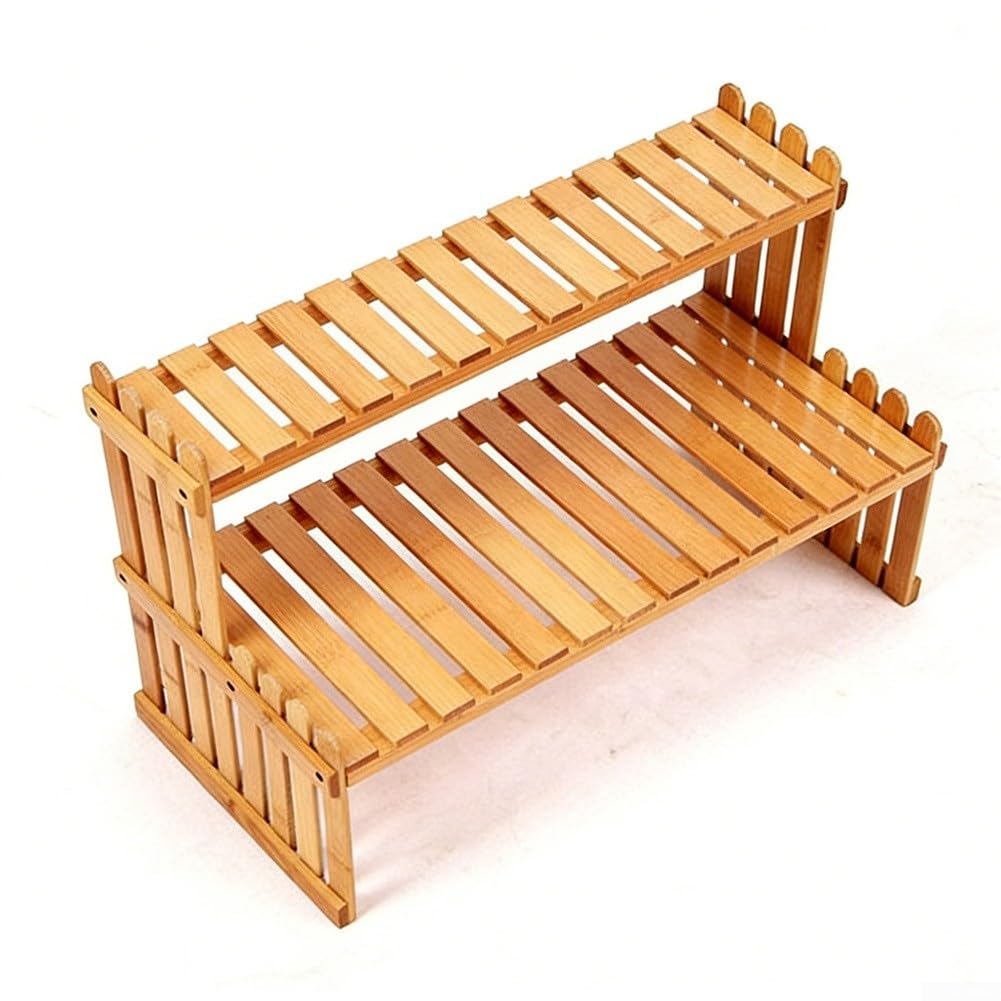 Estante de madera de 2 niveles para plantas para uso de escritorio como soporte para macetas y solución de almacenamiento para organización de espacios pequeños (57 cm)