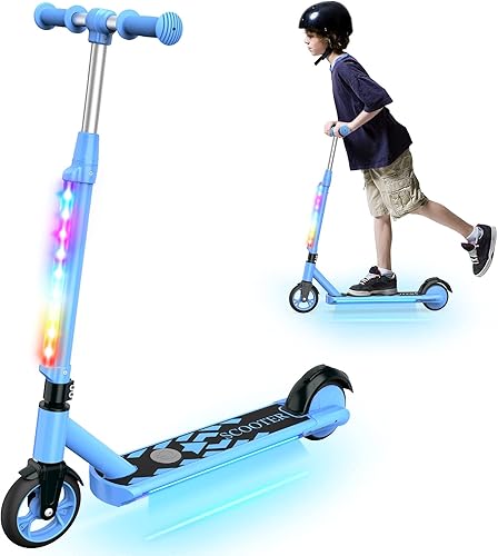 Patinete eléctrico para niños, ligero y 3 alturas ajustables, scooter eléctrico para niños de 6 a 12 años, luces LED arcoíris, scooter eléctrico