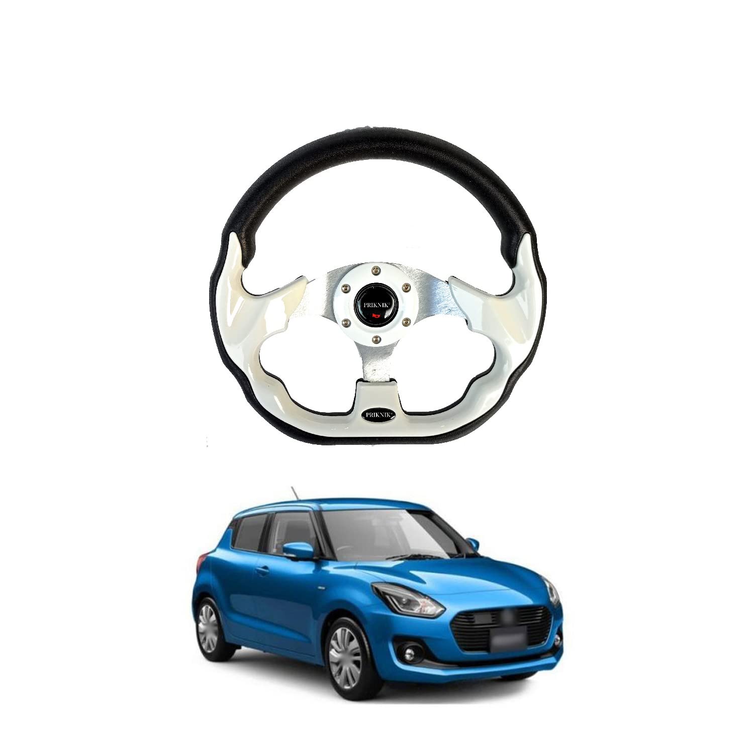 PRIKNIK Steering Wheel Sports Car Look Racing/Golf Cart Rally Off Roading B-olts Grip Vinyl Leather & Aluminum with Horn Button Compatible with S-wift-image-23