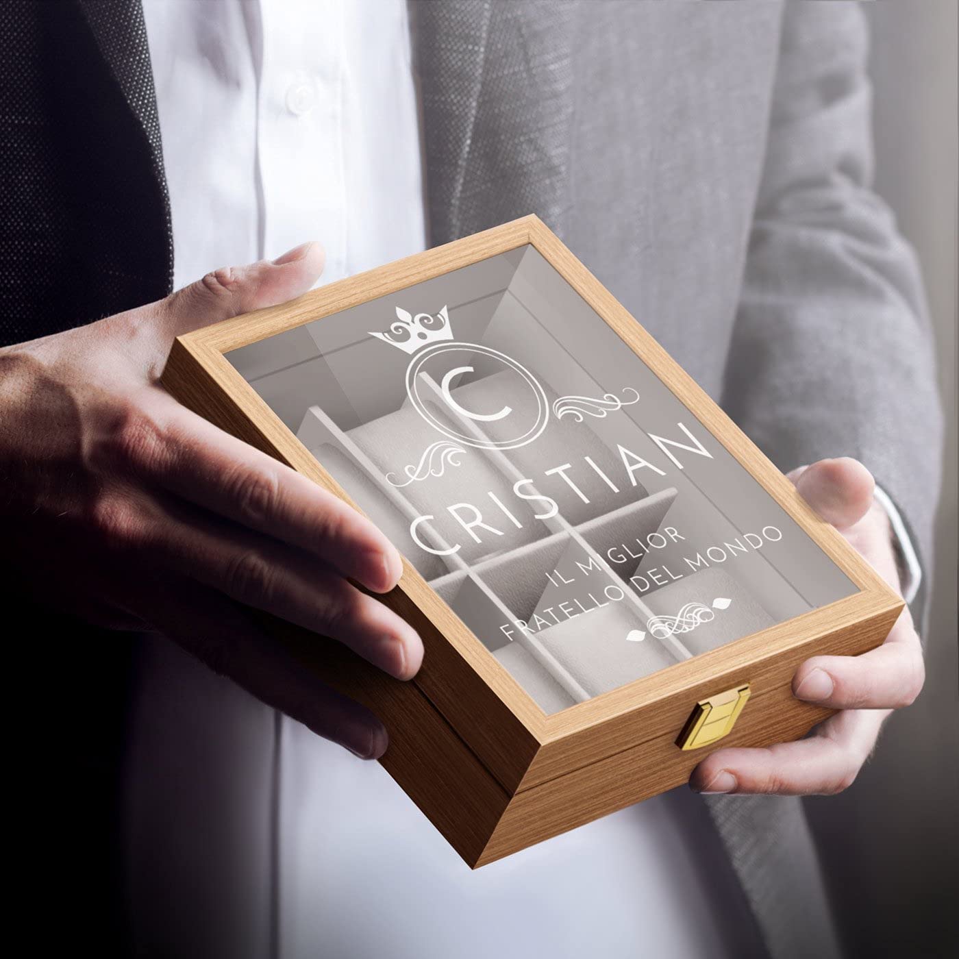Maverton scatola porta orologi - con incisione personalizzata - in legno - custodia per 6 orologi - in legno - 20x16,5x8cm - regalo uomo compleanno - re