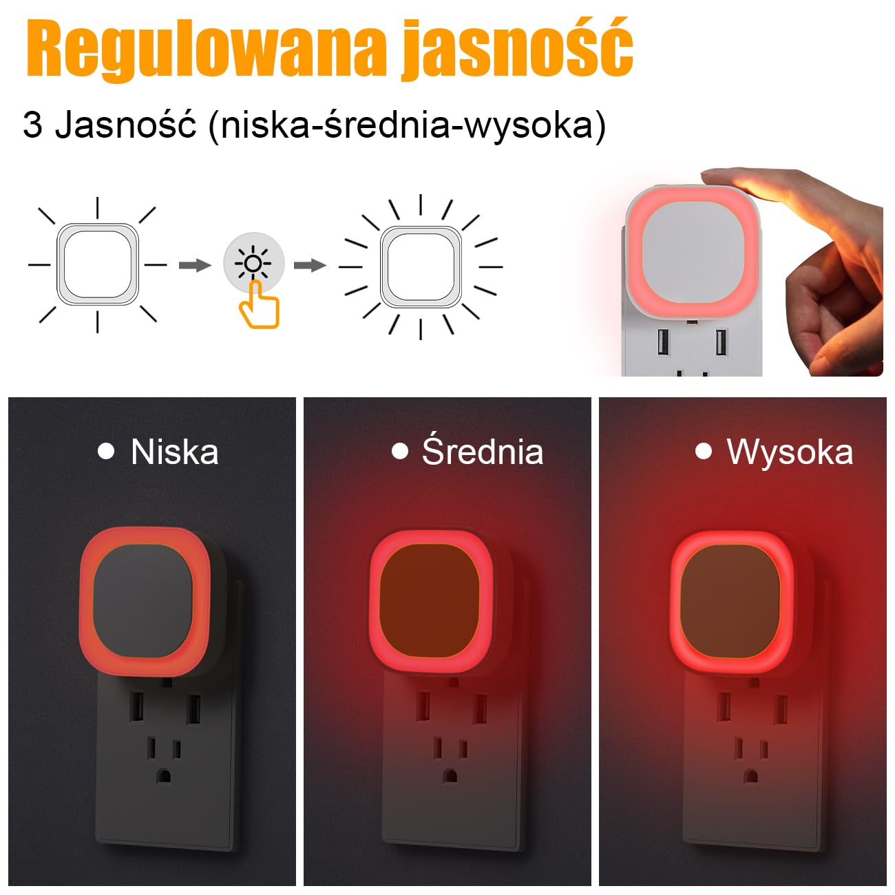 YUNLEX Lampka nocna z czujnikiem zmierzchu, [2 sztuki], automatyczne włączanie/wyłączanie, 3-poziomowe ściemniane światło nocne, do pokoju dziecięcego, sypialni, przedpokoju, łazienki, Czerwony
