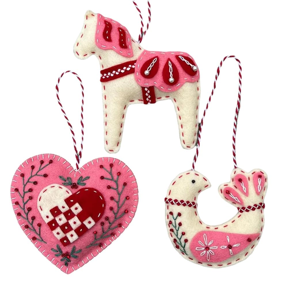 Giwfbqtr Pink Felt Crafts Embroidery Felt Horse Bird Heart Embroidery Set Scandinavian Folk Handmade Crafts Decorations