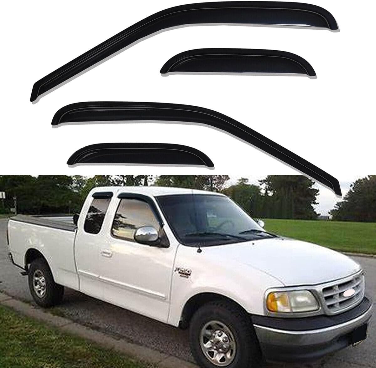 Original 4pcs Side Window Deflectors, Outside Mount Tape-On Rain Guards, Window Visors Compatible with Ford F-150 97-03 Super/Extended Cab 97-99 F250 Light Duty Super/Extended Cab 94808