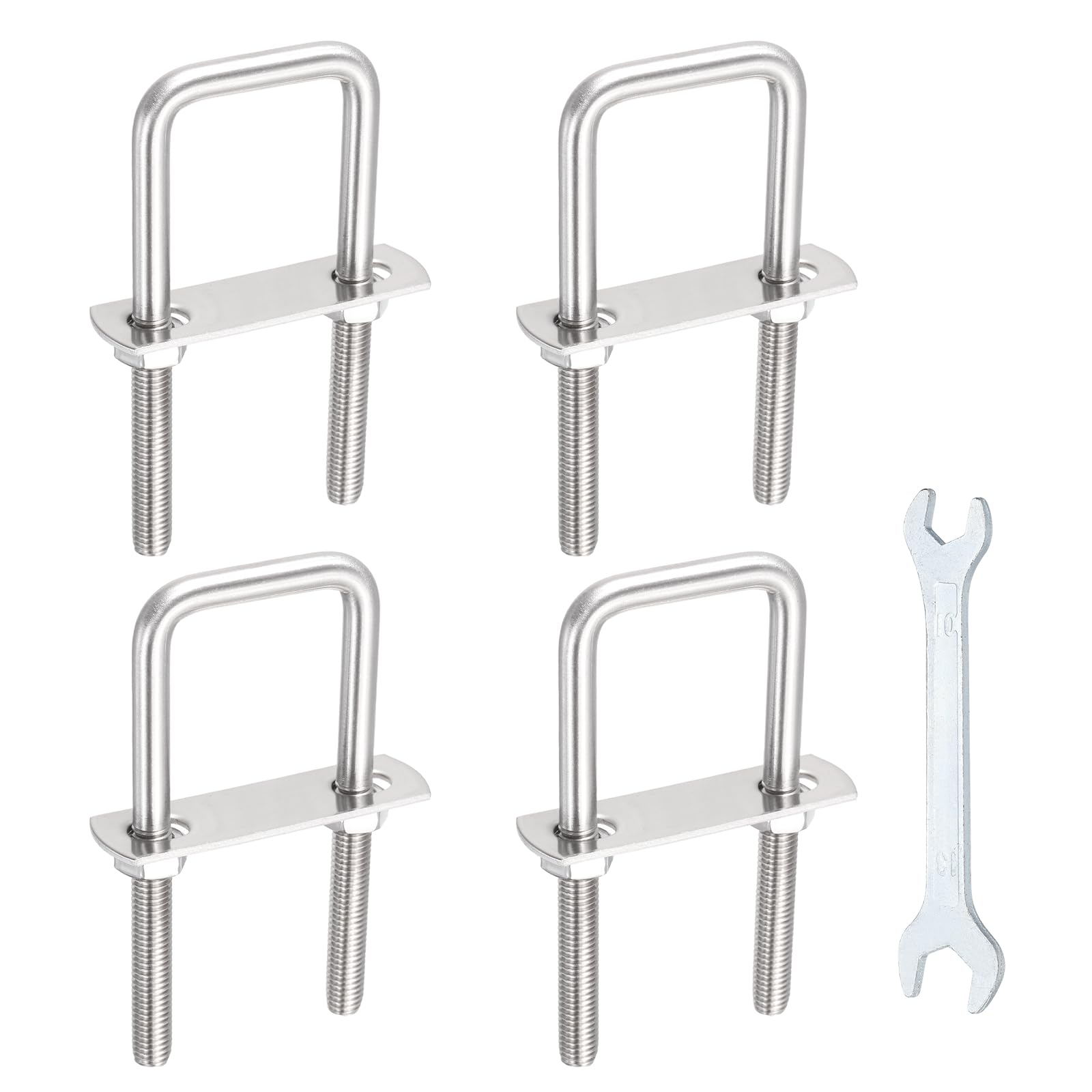 sourcing map 4 Sets M8 Square U-Bolts, 1.38"(35mm) Inner Width 3.3"(85mm) Length 304 Stainless Steel U Clamp Bolts with Nuts, Plates and Wrench for Trailer Ski Boat Fishing Boat โ image 1