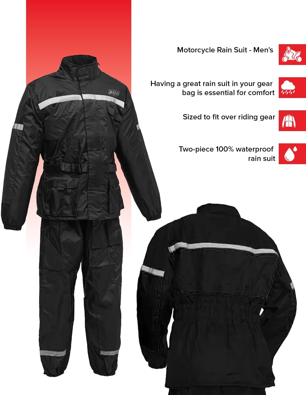 First Mfg Co – Men’s Motorcycle Ripstop Rain Suit, Water Resistant, Soft, Breathable, High Visibility, Lightweight Rain Gear