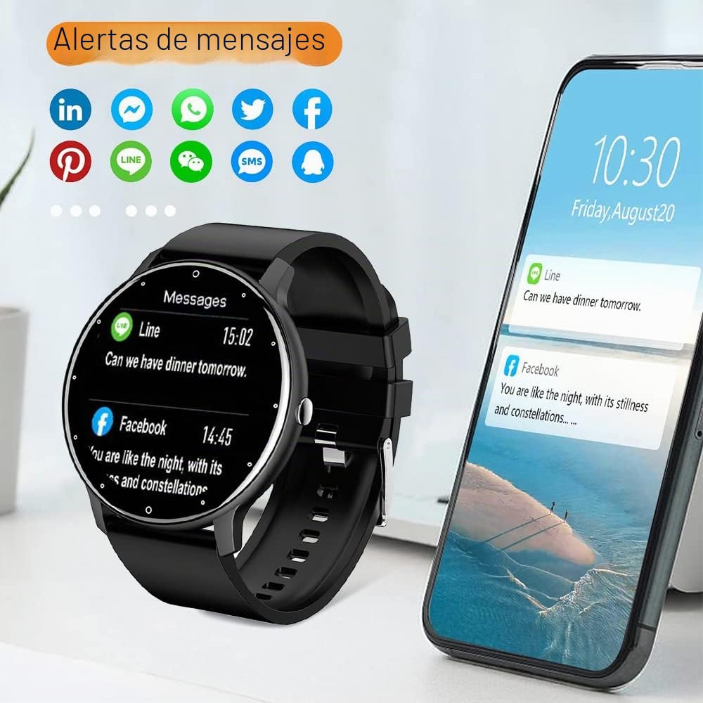 0,8cm Ultrafino Reloj Inteligente Deportivo Hombre Smartwatch Pulsera Actividad Cuenta Pasos con Pulsómetro, Monitor Presión Arterial, Monitor de Oxígeno, Conectado con Teléfono Inteligente