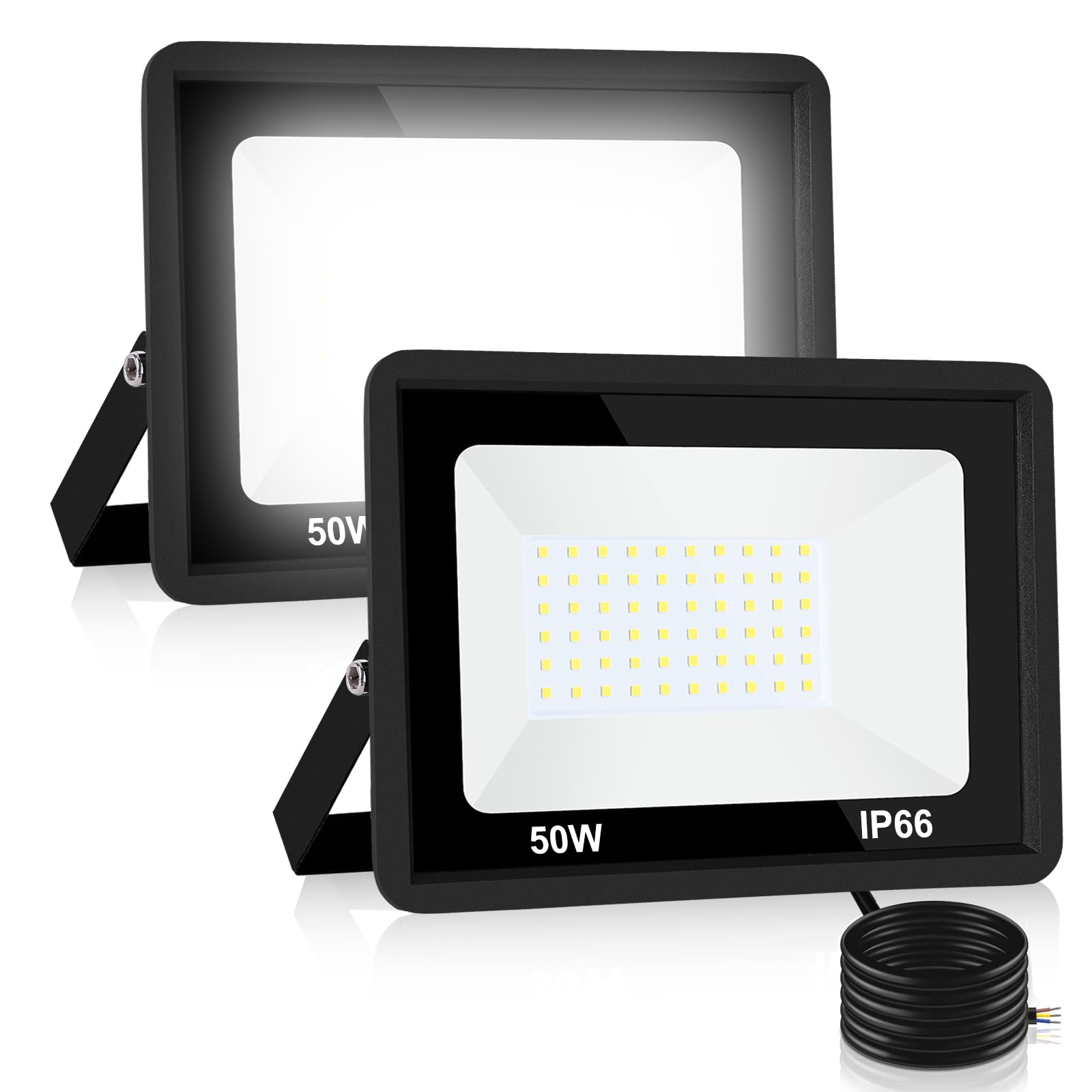 50W LED Flood Light Outdoor, LED Work Light,Floodlight Fixture IP66 Waterproof, 6500K 2 Pack Security Light for Yard Garden Stadium Garage Playground