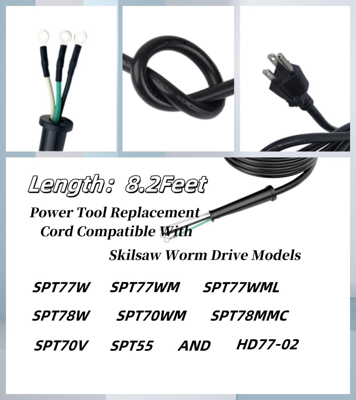 95104L Heavy-Duty Replacement Power Cord for SKILSAW Worm Drive Saws SPT77WM, SPT77WML, SPT78W - 3 Pin, 8.2FT/2.5M Black Cord