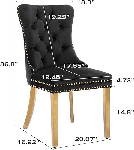 Miniatura 2 de SoarFlash Juego de 6 sillas de comedor de terciopelo, sillas de comedor tapizadas con ribete de cabeza de clavo y patas chapadas en oro sólido para