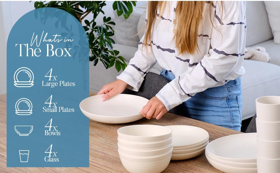 Wheat Straw Dinnerware Sets 16 Piece | Unbreakable, Microwave Safe, Dishwasher Safe | Lightweight Plates and Bowls Sets | Reusable, Camping Dishes, Dishes Set For 4 | Outdoor Kitchen | Dish Set, Beige
