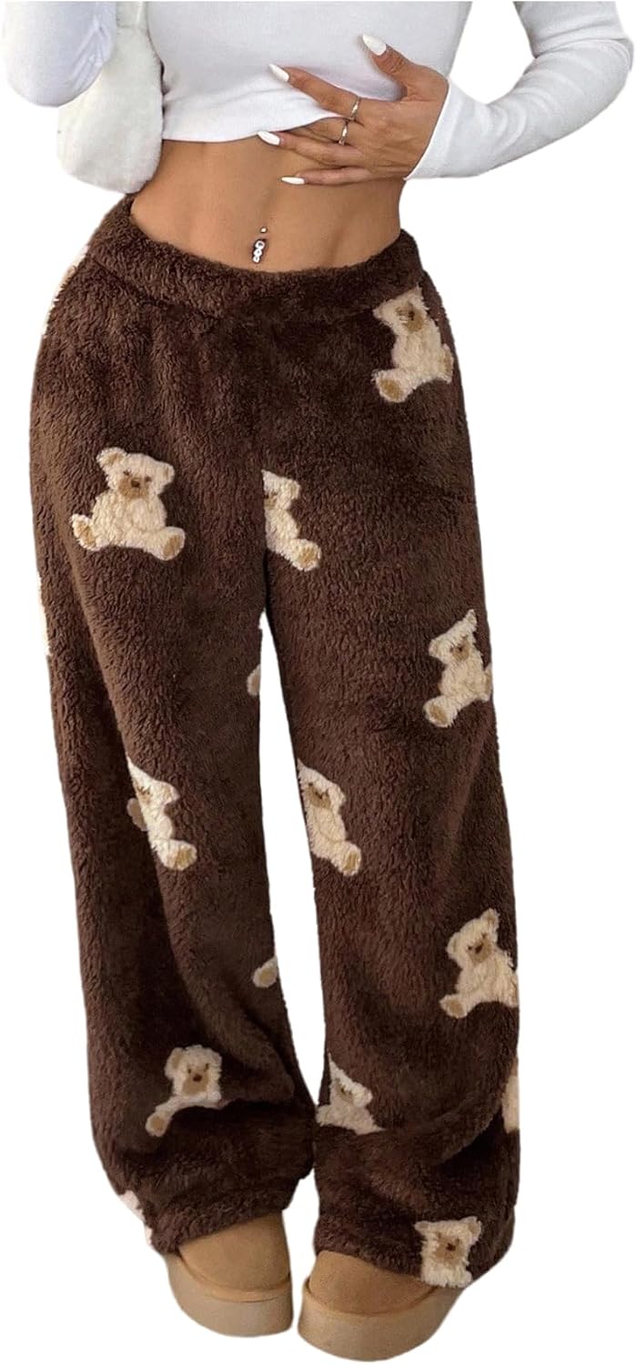 Verdusa Girl's Cartoon Bear Fuzzy Baggy Pants Wide Leg Fleece Trousers