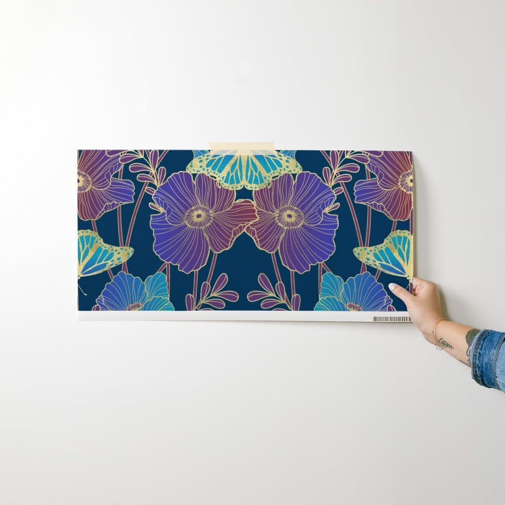 Peel & Stick Wallpaper Swatch - Poppy Art Nouveau Jewel Poppies Butterfly Blue Aqua Purple Custom Removable Wallpaper by Spoonflower