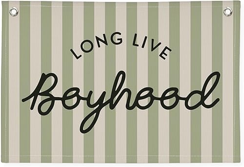 Miniatura 24 de Long Live Boyhood - Decoración de habitación de niños, color verde salvia, cuarto de niños, sala de juegos, bandera de lienzo de lino para colgar en