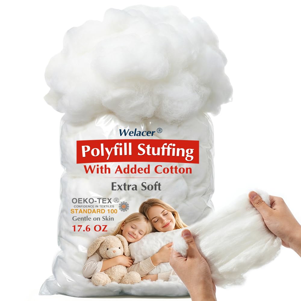 Welacer Added Cotton Polyfill Stuffing, 1.1lb/17.6oz Extra Soft Pillow Stuffing, Fluffy Fiber Fill for Cushions, Stuffed Animals, Crochet Toys, Crafts & Cloud Decor