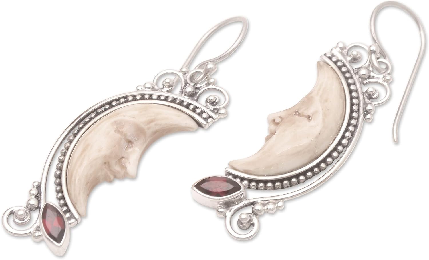 NOVICA Handcrafted .925 Sterling Silver Garnet Dangle Earrings from Bali Bone Indonesia Sun Moon Gemstone Birthstone [1.6 in L x 0.4 in W x 0.2 in D] 'Antique Moon'