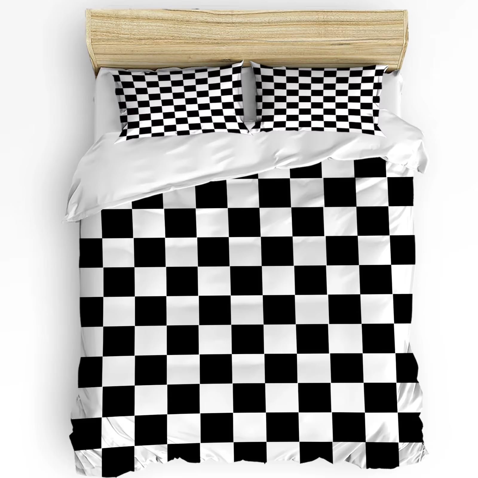 Parure de lit 155x220 cm à carreaux noirs et blancs avec housse de couette