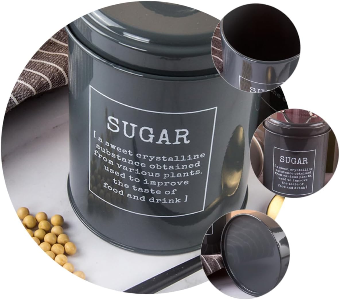 SECFOU Nordic Style Food Storage Jars Set 3pcs Grey Iron Coffee Beans Canister and Tea Leaf Jar with Lid Airtight Kitchen Containers for Sugar and Tea Organization Random Style