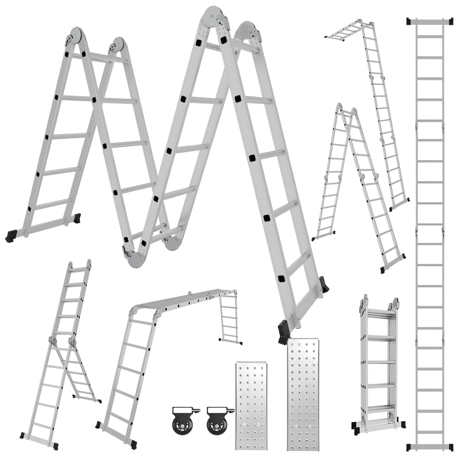 Wielofunkcyjna drabina 7 w 1, drabina aluminiowa, 582 cm, 4 x 5 stopni do 150 kg, z 2 płytami rusztowania i kółkami transportowymi, drabina przegubowa, składana drabina domowa