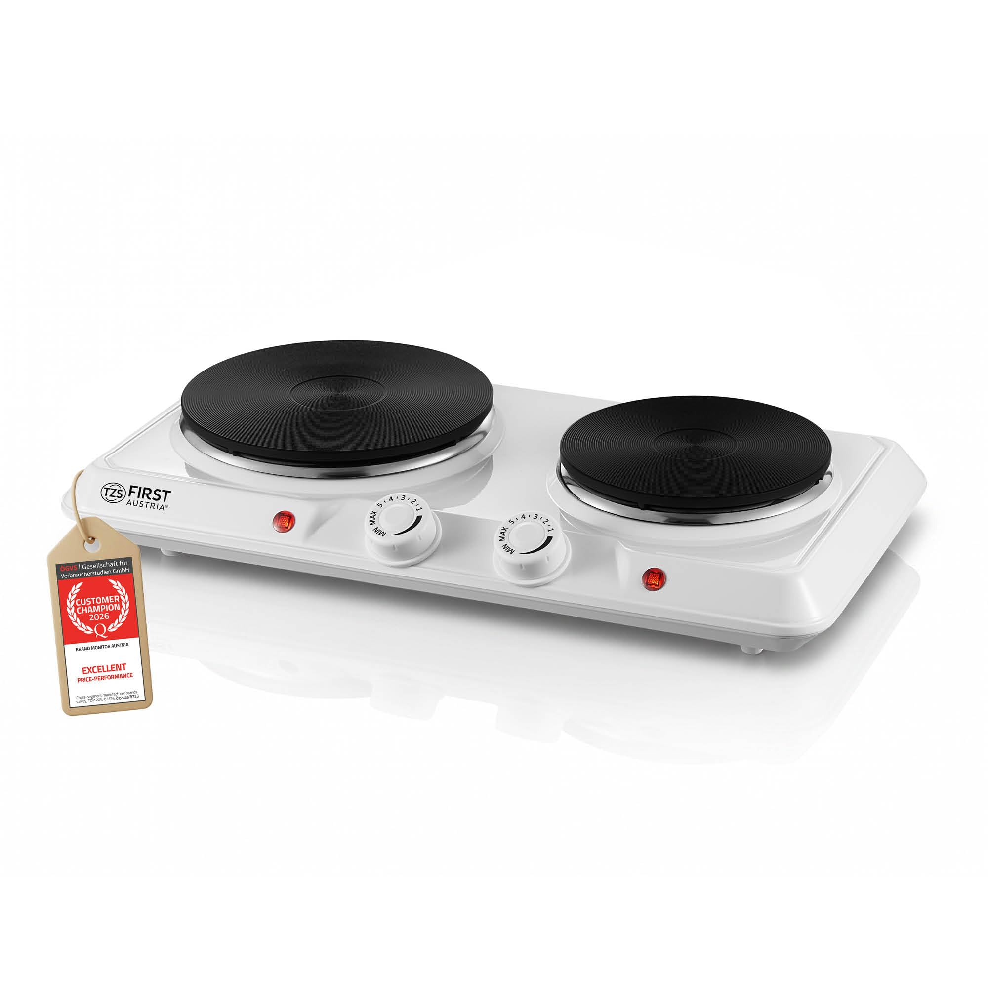 TZS First Austria - Double Plaque de Cuisson 2500W - Foyers en Fonte 180 & 150 mm - Thermostat Réglable - Réchaud Mobile pour Camping & Cuisine - Blanc
