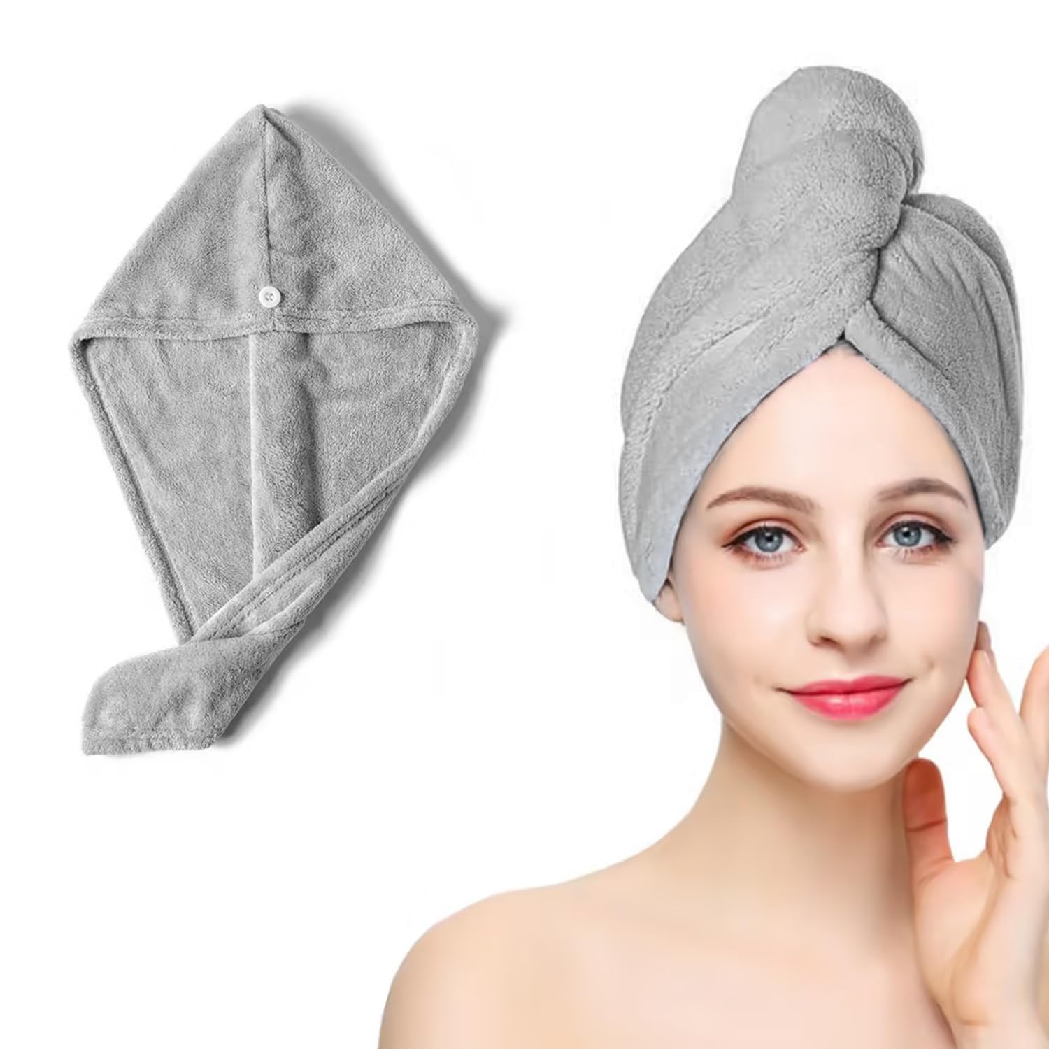 Arcjunys Women's Grey Microfibre Hair Towel Wrap Hair Wrap Towel Quick Dry Hair Turban Towel Hair Turbans For Wet Hair Microfibre Hair Towel Wrap Hair Towels With Button For Girl Wet Long Thick Hair