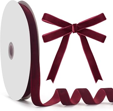 Christmas Velvet Ribbon, Burgundy Velvet Ribbon Single Face, 25 Yards Vintage Thin for Gift Wrapping, Hair Bows Making, Wreaths, Craft, Wedding and Christmas Party Decoration