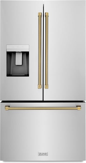ZLINE Autograph Edition 36 in. 28.9 cu. ft. Standard-Depth French Door External Water Dispenser Refrigerator with Dual Ice Maker in Fingerprint-Resistant Stainless Steel and Gold Helix Handles