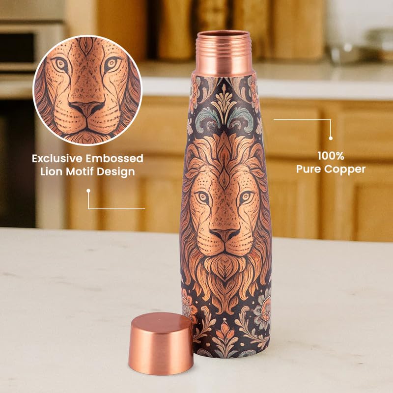 Image of Copper Bottle | Lion Motif | UV Printed Design | Pure Copper Water Bottle for Health & Wellness | 900 ml Capacity