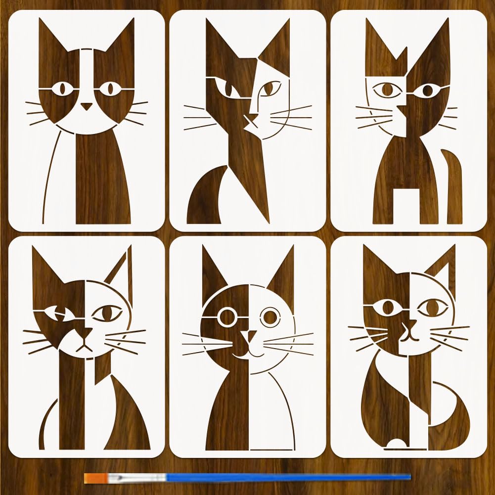 FINGERINSPIRE 6 Pcs Abstract Cat Painting Stencils with Paintbrush 29.7x21cm Reusable Geometric Cat Stencil PET Plastic Animal Stencils for Painting on Wood Wall Furniture Fabric Home Decor