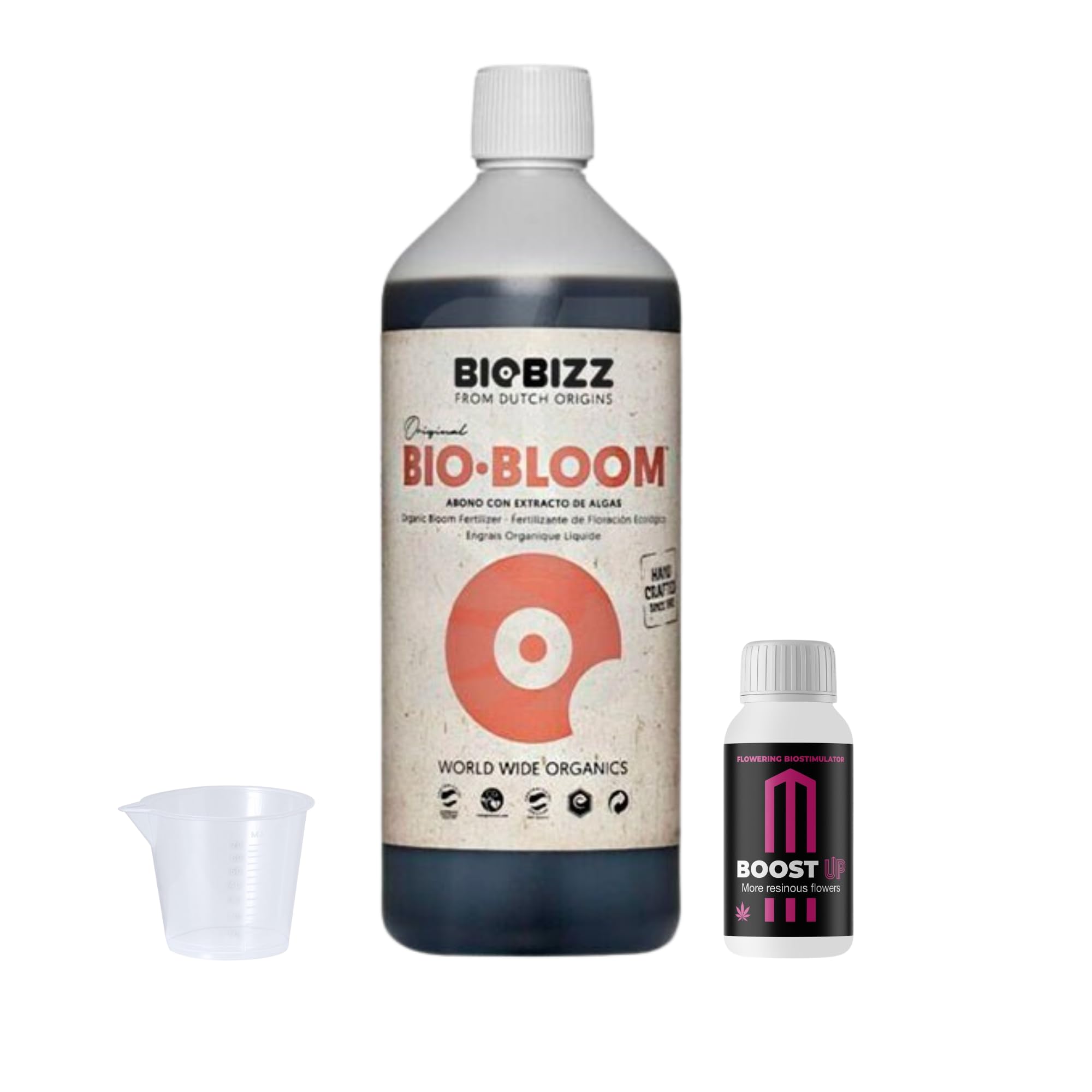 GROWMANIA Bio Bloom de BioBizz 1L + Échantillon Boost Up de Up Nutrients + Verre Doseur | Biobloom Engrais Organique pour une Floraison Complète | Convient à Tous Types de Plantes
