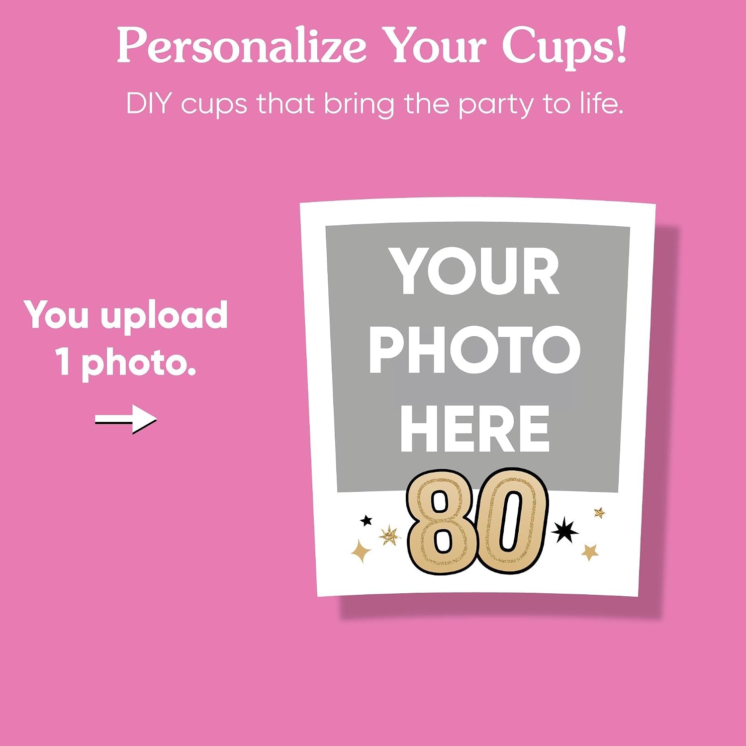 Big Dot of Happiness Custom Adult 80th Birthday Cups, 16oz Disposable Drinkware, Funny Milestone Birthday Party Table Decor, Custom Party Cups (Black) & Personalized Photo Stickers - 16 Pack