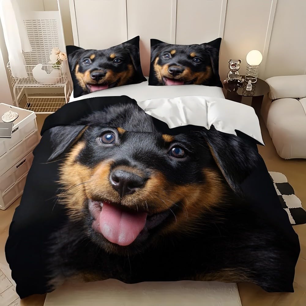 Housse de couette Rottweiler 140x200 pour chambre d'ado fan d'animaux parure lit noir respirante