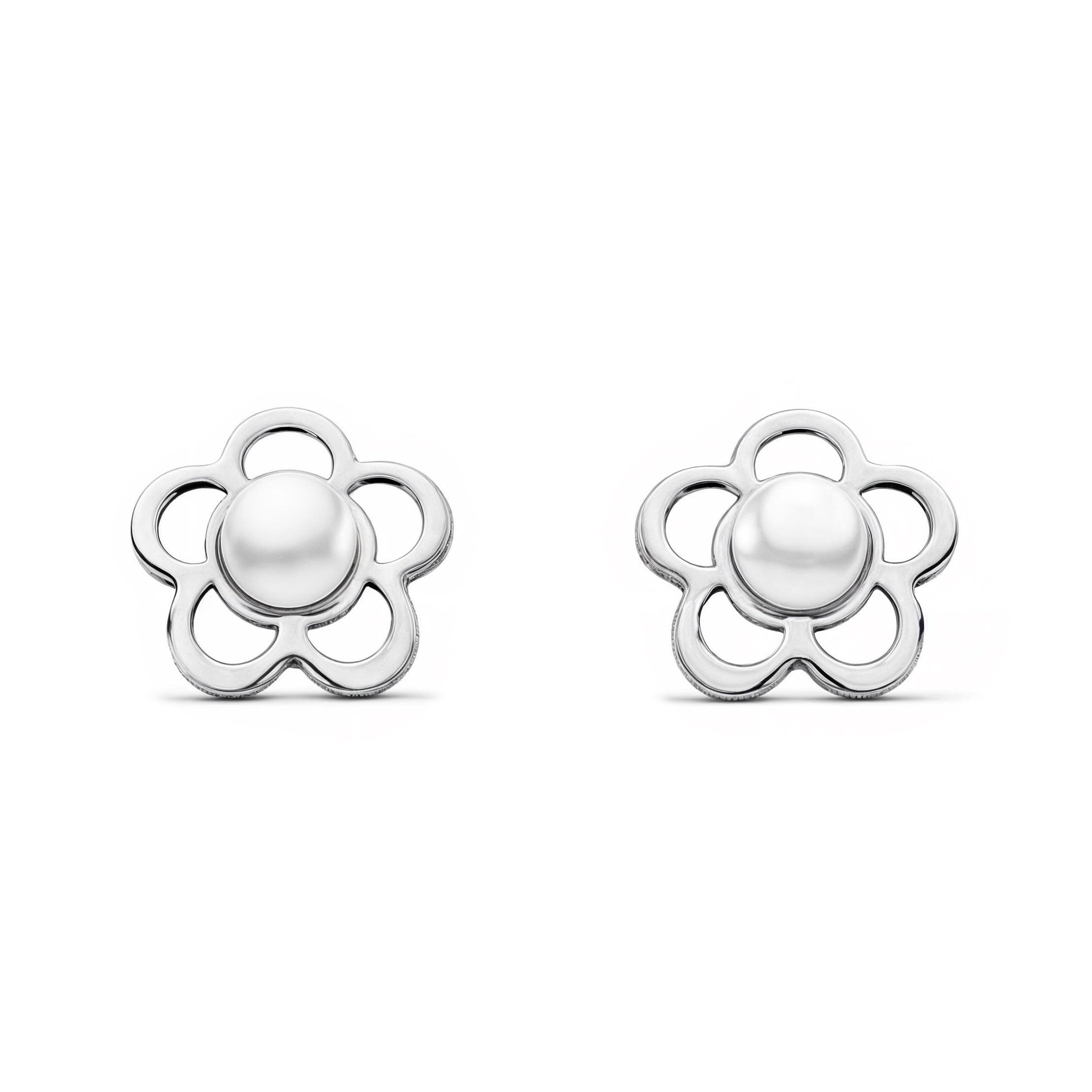 Pendientes Oro Blanco Bebe o Niña Margarita Calada con Perla (9kts) - Estuche Regalo - Certificado de Garantía - Mondepetit