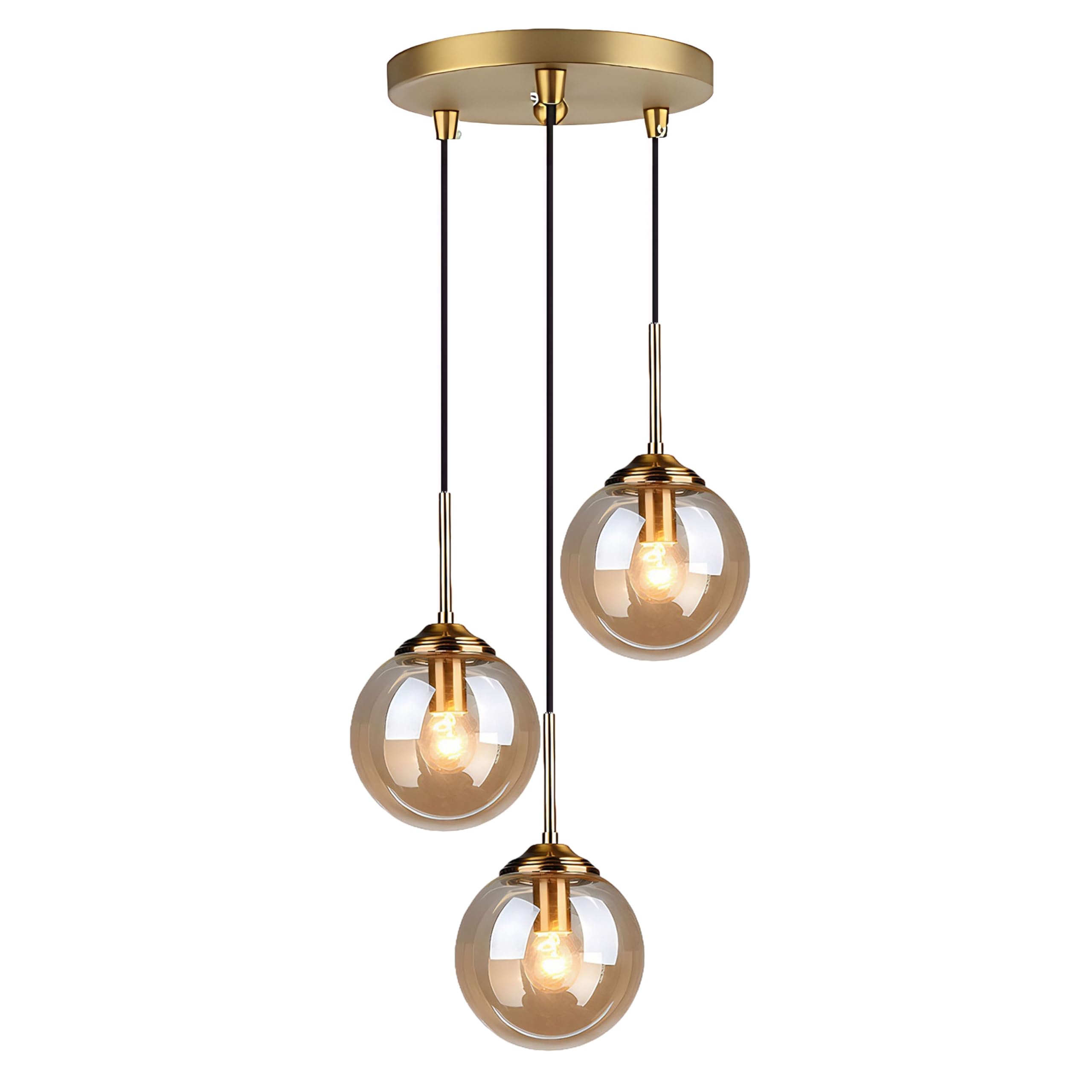 Lfsem Amber, 3-Light Vintage 3 Pendants Ceiling Light Fixture,Spherical Glass Shades & Gold E27 Metal Fittings, Adjustable Hanging 3-Light Chandelier For Kitchen Island, Dining Room (Amber)