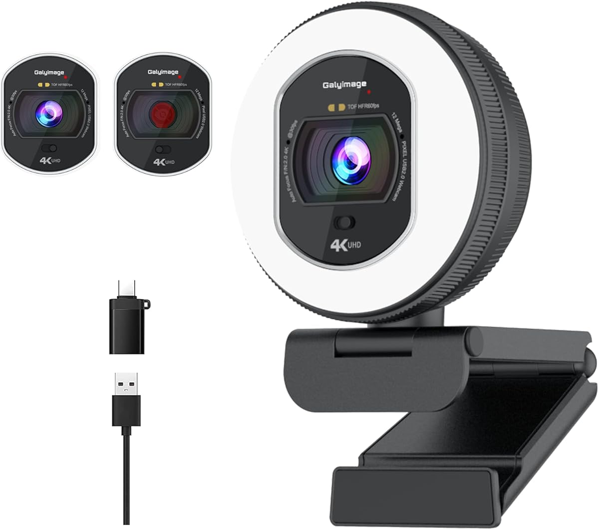 4K Webcam with Ring Light Web Cam 4K Autofocus with TOF Computer Camera 1080P 60FPS Web Camera Built-in Privacy Cover and Microphone Streaming Webcams for Switch 2/Zoom/Skype/Google Meet