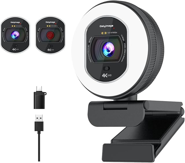 4K Webcam avec Ring Light Web Cam 4K Autofocus avec TOF Caméra d'ordinateur 1080P 60FPS Caméra Web Couverture de confidentialité intégrée et caméras Web en streaming pour commutateur 2/Zoom/Skype/Google Rencontrez le noir