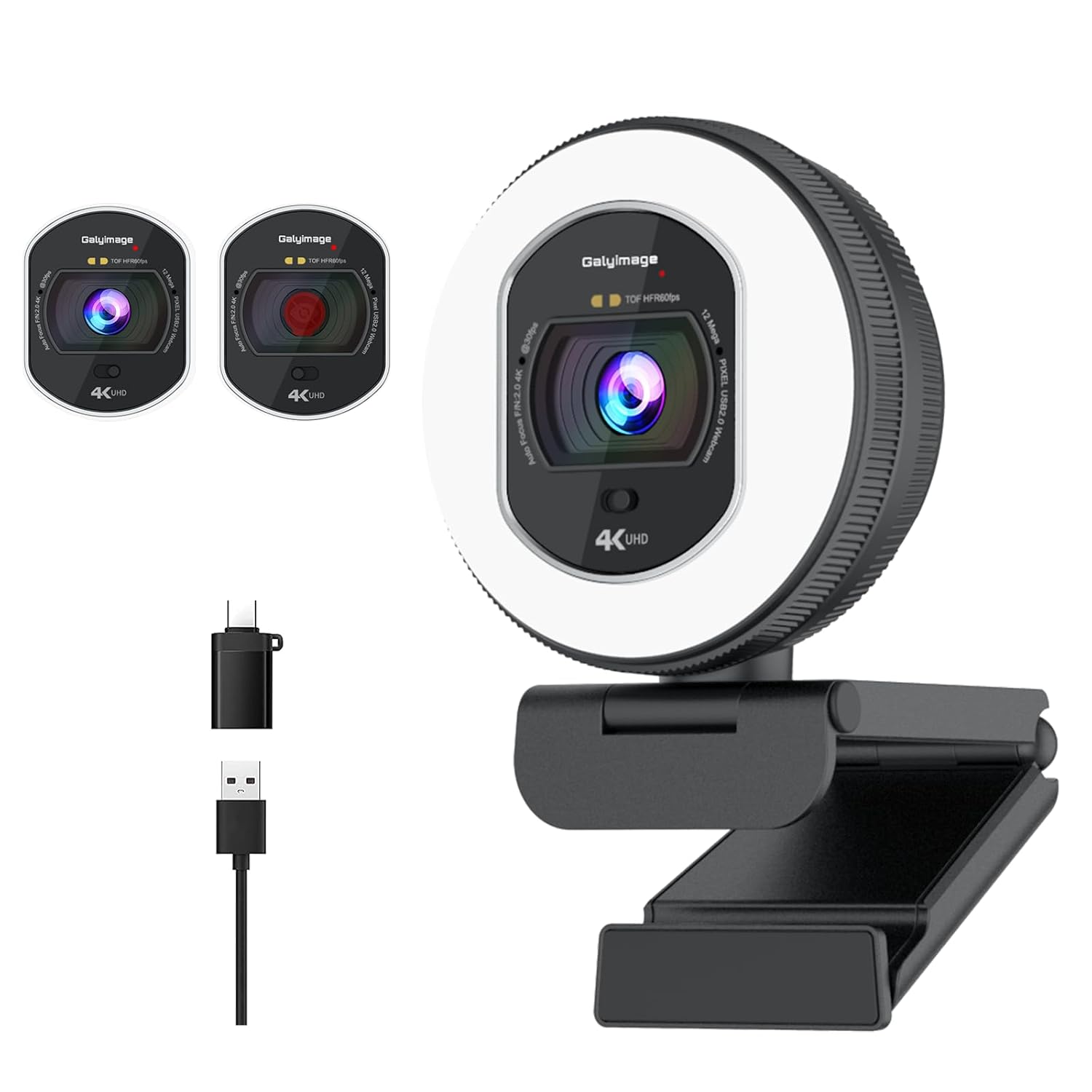 Galyimage 4K Webcam for PC, 4K Web cam with Ring Light and Autofocus 1080P 60FPS Web Cam for Streaming Built-in Noise-Canceling Mic Privacy Cover Streaming Camera for Computer