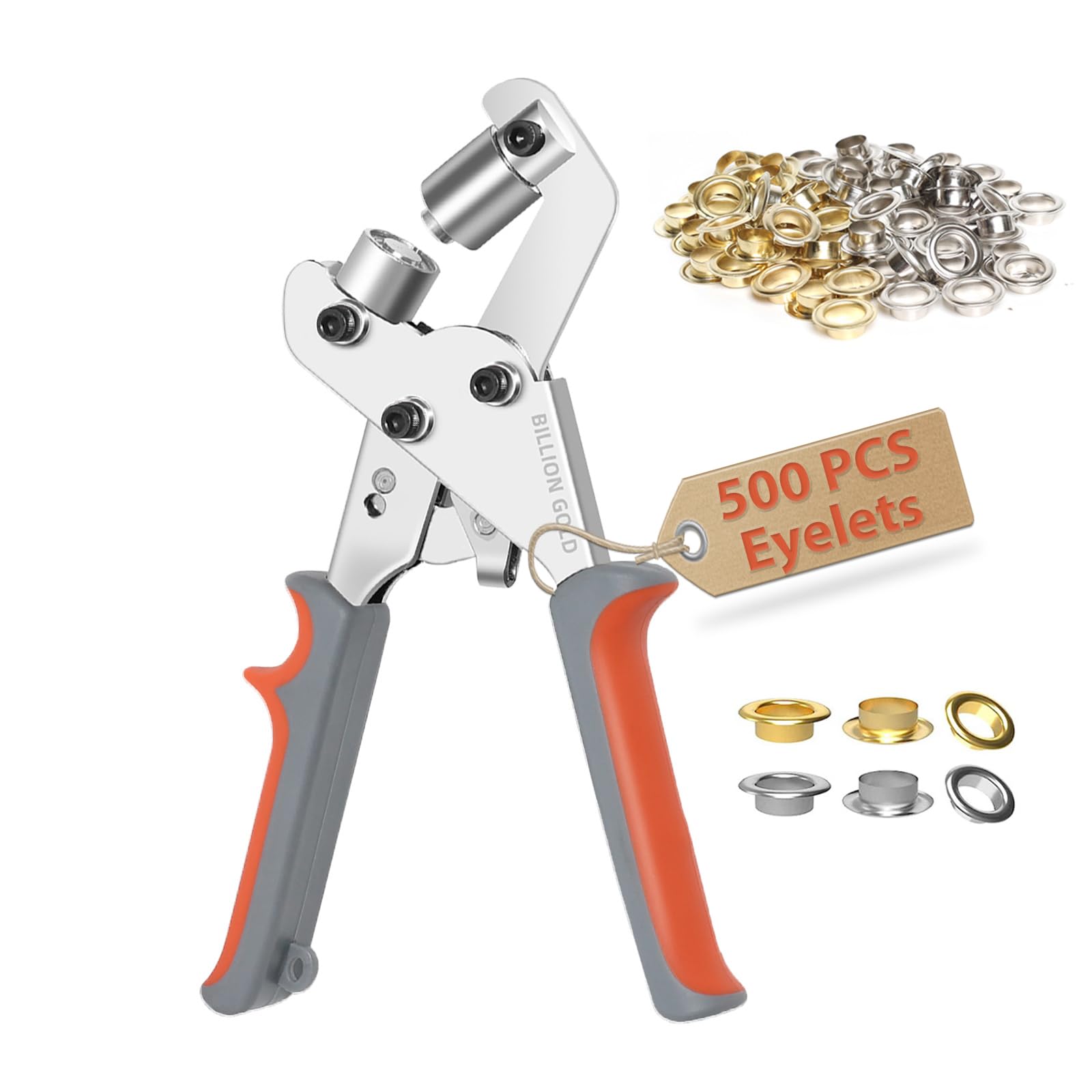 BILLION GOLD Magnetic Eyelet Punch Kit, 10mm Grommet Tool with 500 Eyelets, Ergonomic Handheld Hole Puncher for Curtains, Tarps, Fabric, Leather, Canvas, Tents, Repair & Installation
