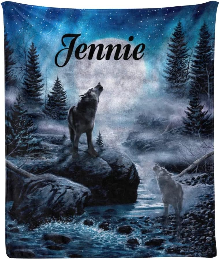 Custom Blanket with Name Text,Personalized Wolf at Night Super Soft Fleece Throw Blanket for Couch Sofa Bed (50 X 60 inches)