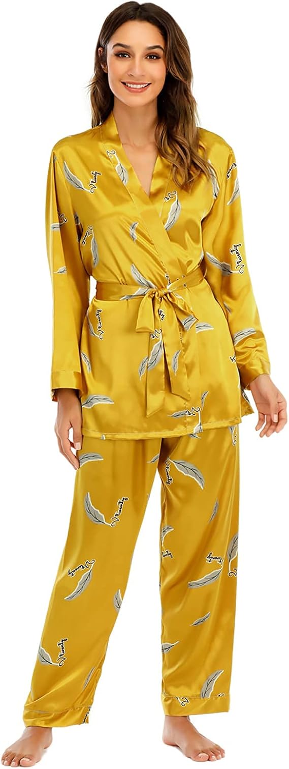 Escalier Women's Silk Satin Pajamas Set 3 Pcs Floral Silky Pj Sets Sleepwear Cami Nightwear with Robe and Pant