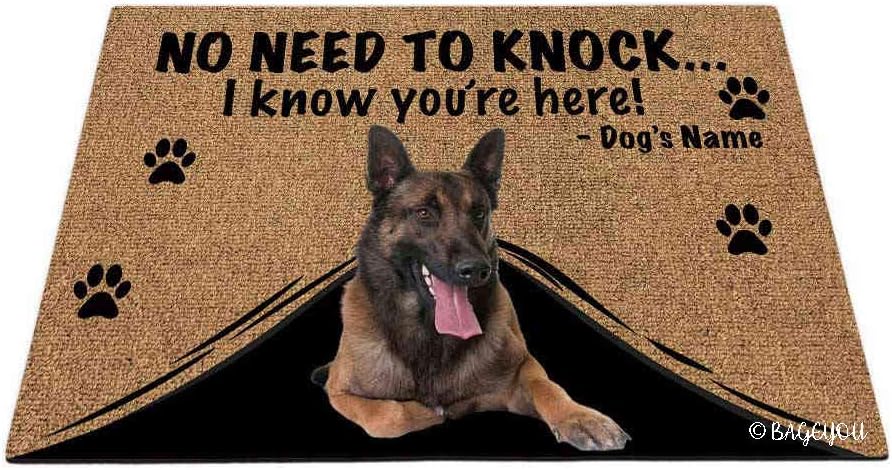 BAGEYOU Personalized Dog's Name Doormat with My Love Dog Belgian Shepherd Malinois Welcome Floor Mat No Need to Knock I Know You're Here 27.5 x 17.7