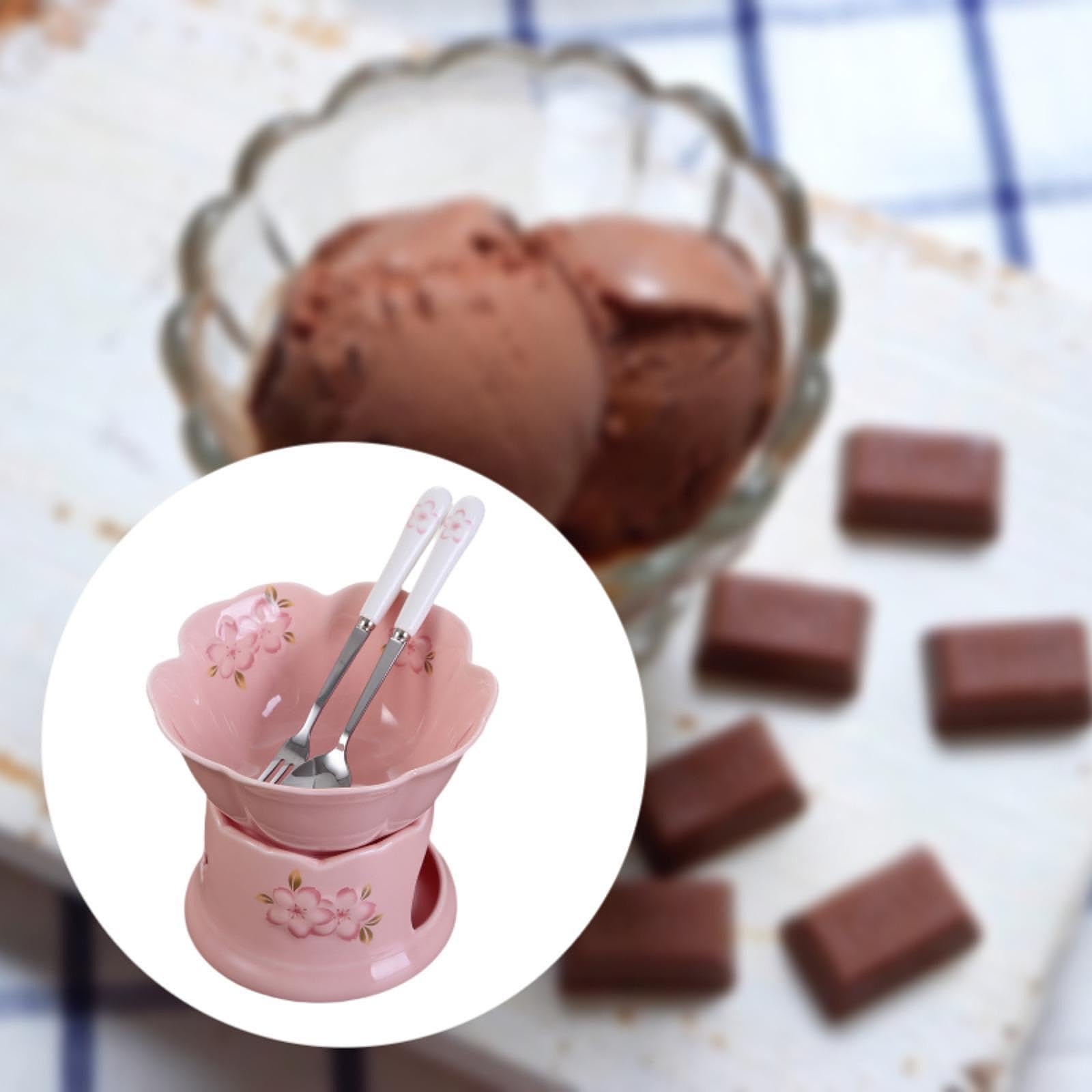 Qianly Chocolate Fondue Pot Fondue Pot Set with Fork and Spoon 300ml Dining Porcelain Melting Pot Cheese Fondue Pot for Engagement, Pink Pot, Pink Bowl
