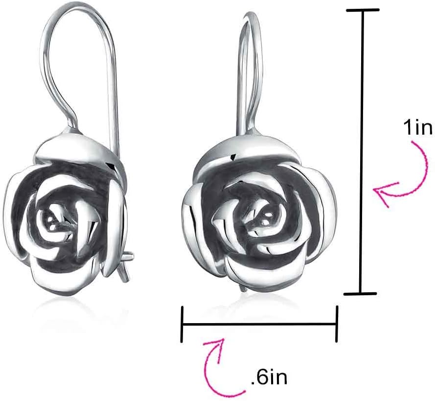 Large Statement 3D Garden Flower Black Rose Bracelet Black Silk Cord Pendant Drop Stud Earrings For Women Girlfriend Oxidized .925 Sterling Silver