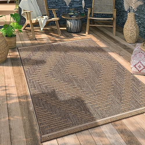 Paco Home Hochwertiger Outdoor Teppich Wetterfest & Pflegeleicht Jute-Sisal-Optik mit Fransen & Hoch-Tief-Effekt Langlebig für Terrasse, Balkon, Garten & Küche, Grösse:160x220 cm, Farbe:Beige 4