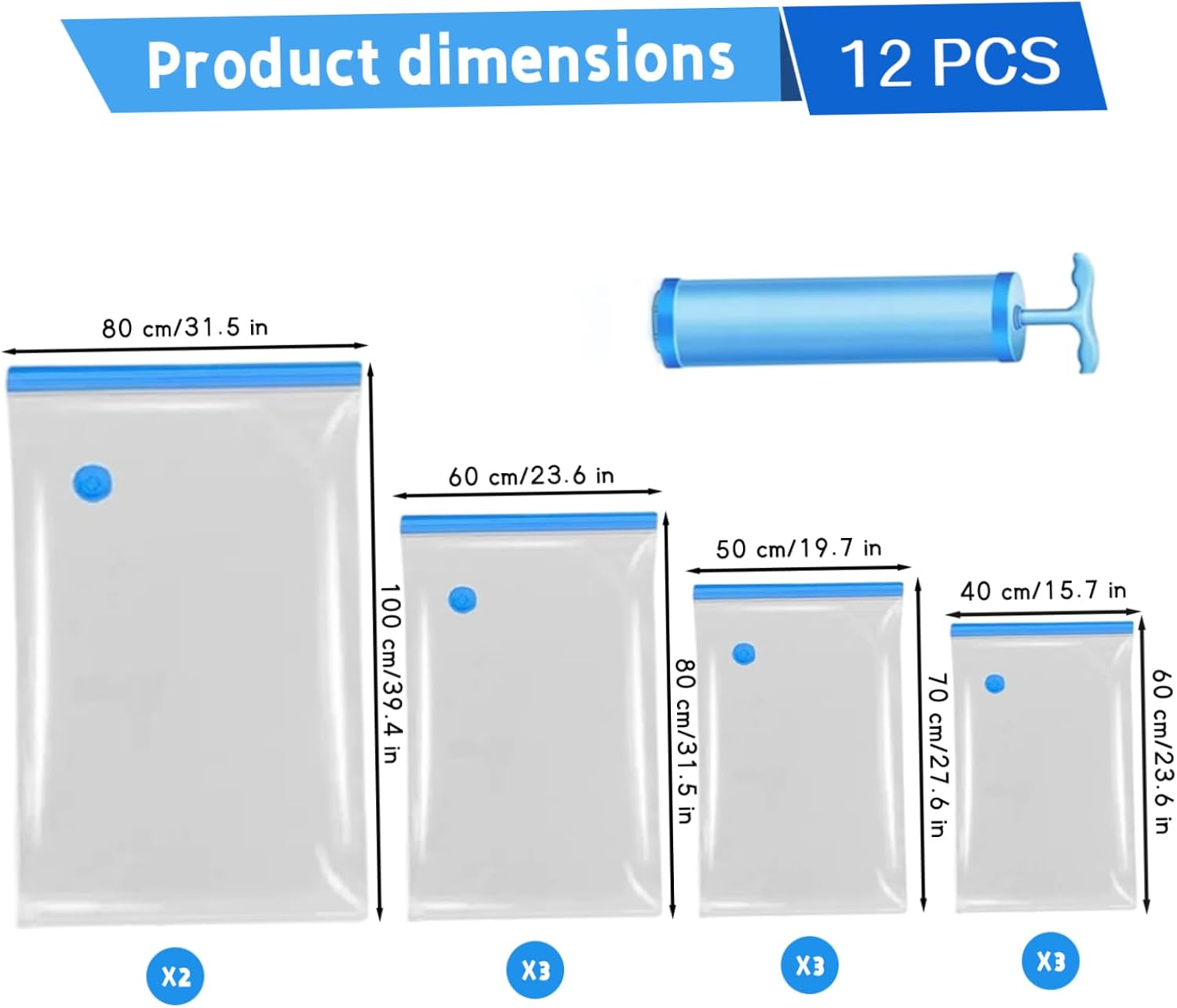 Vacuum Storage Bags with Pump, Space Saver Bags for Clothing and Blankets, Vacuum Seal for Travel and Organization, 12Pcs Home..