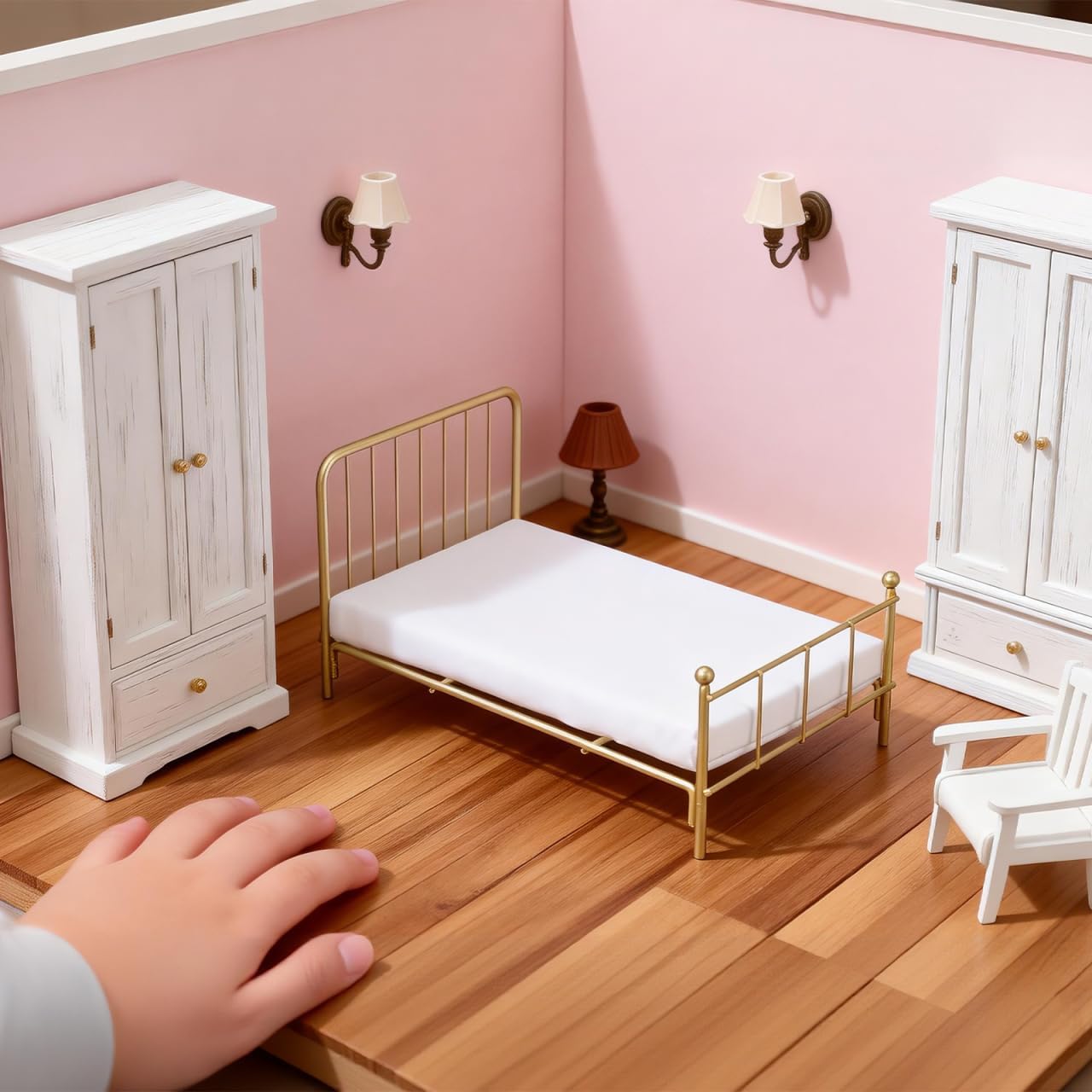 Totority Realistic Iron Frame Miniature Bed 1/12 Scale Dollhouse Bedding Comfortable Queen Size for Dollhouse Living Room Decor